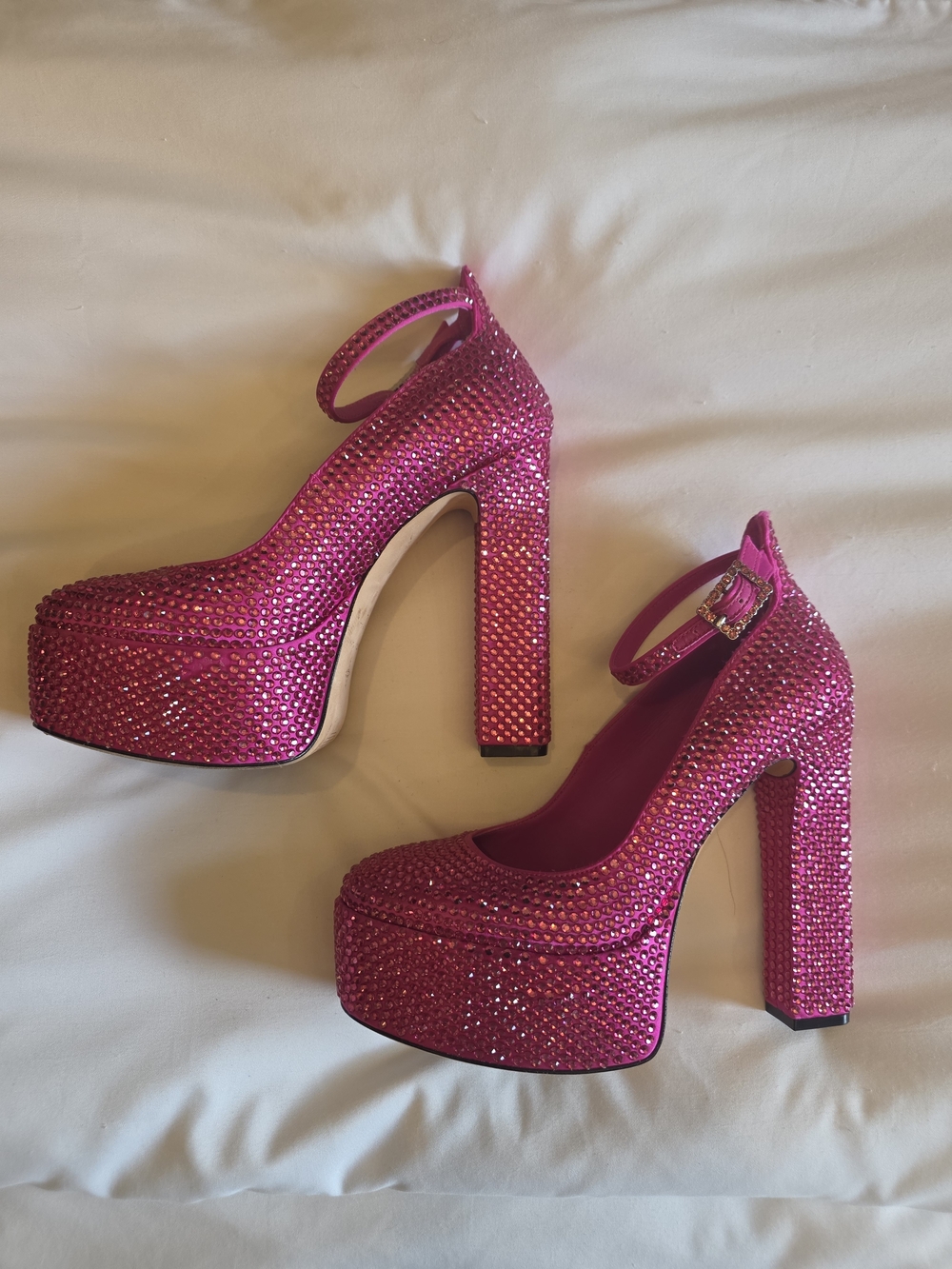 Pink Jeweled Platform Ankle-Strap Heels